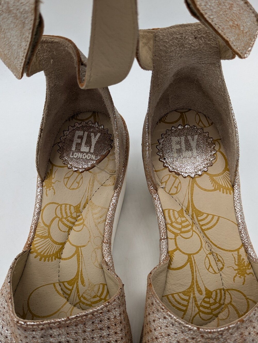 Fly London Yake Metallic Brown Silver Perforated Leather Wedge Heel Sandal 39 - Picture 8 of 10